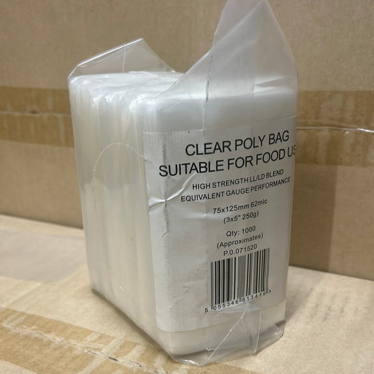 Clear Poly Bag 1000 bags 75x125mm 62mic